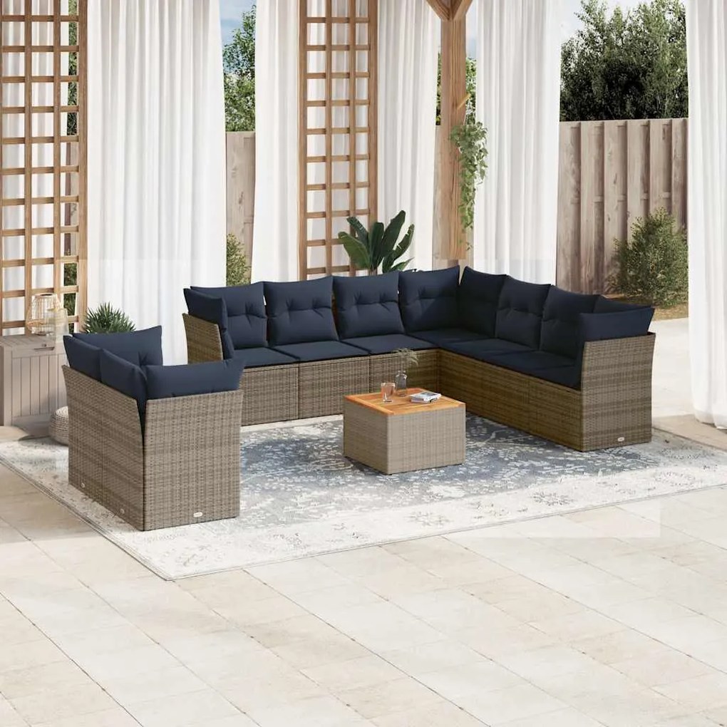 11 pcs conjunto sofás de jardim c/ almofadões vime PE cinzento