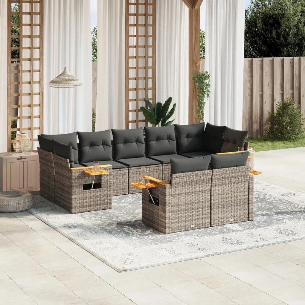 vidaXL 9 pcs conjunto sofás p/ jardim com almofadões vime PE cinzento