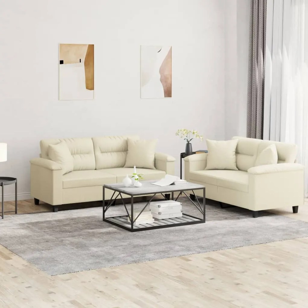 2 pcs conjunto de sofás com almofadas couro artificial creme
