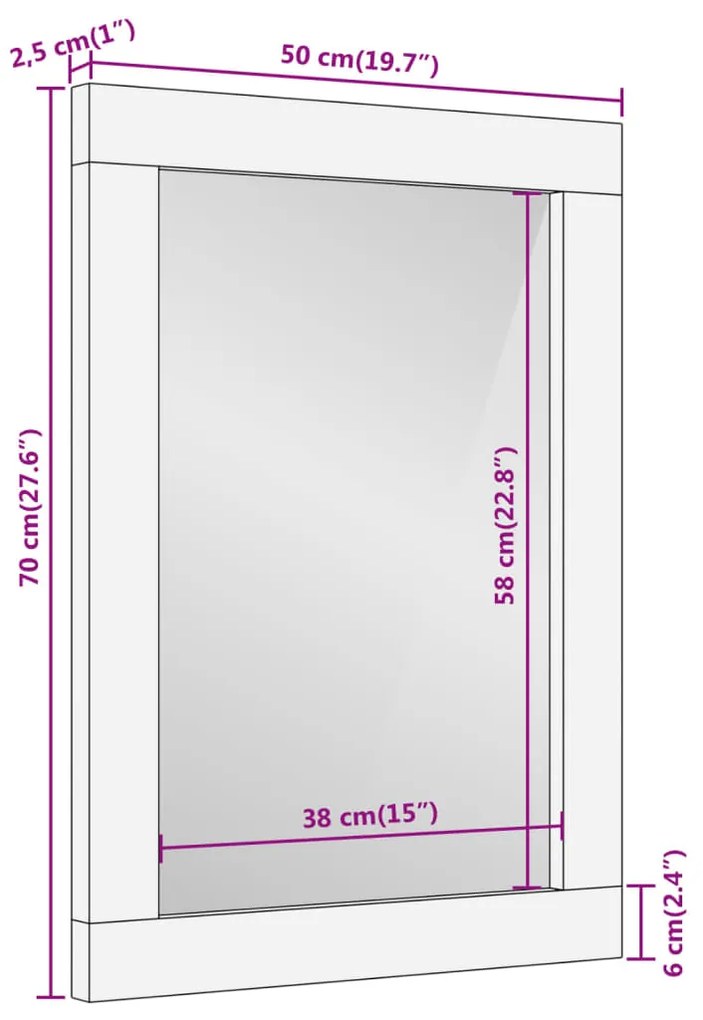 Espelho de casa de banho 50x70x2,5 cm mangueira maciça e vidro