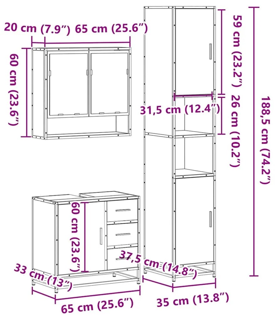 3 pcs Conjunto móveis casa de banho madeira proc. cinza sonoma