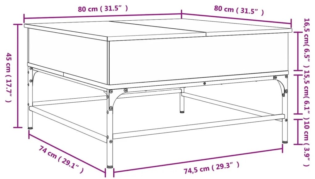 Mesa de centro 80x80x45cm deriv. madeira/metal cinzento sonoma