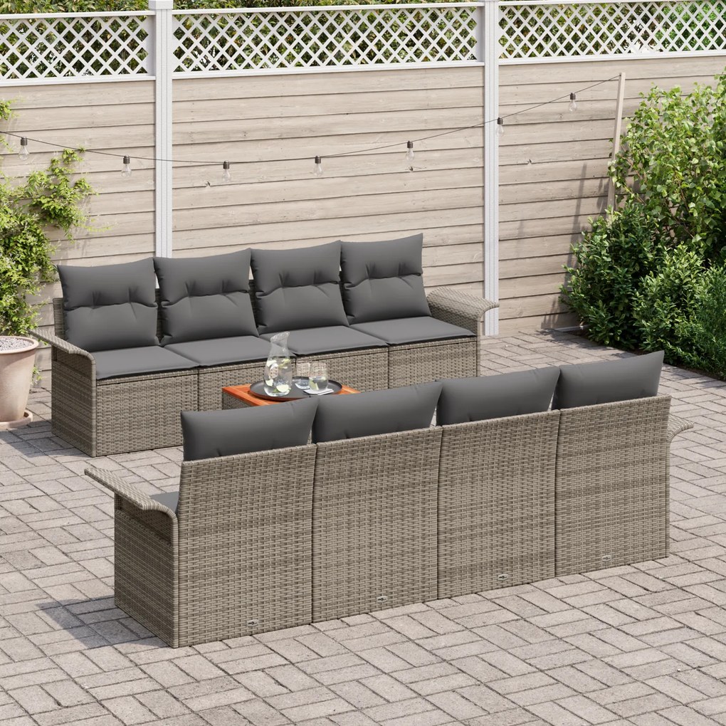 Conjunto de Sofá de Jardim de 9 Peças com Almofadas Rattan Poly Cinza