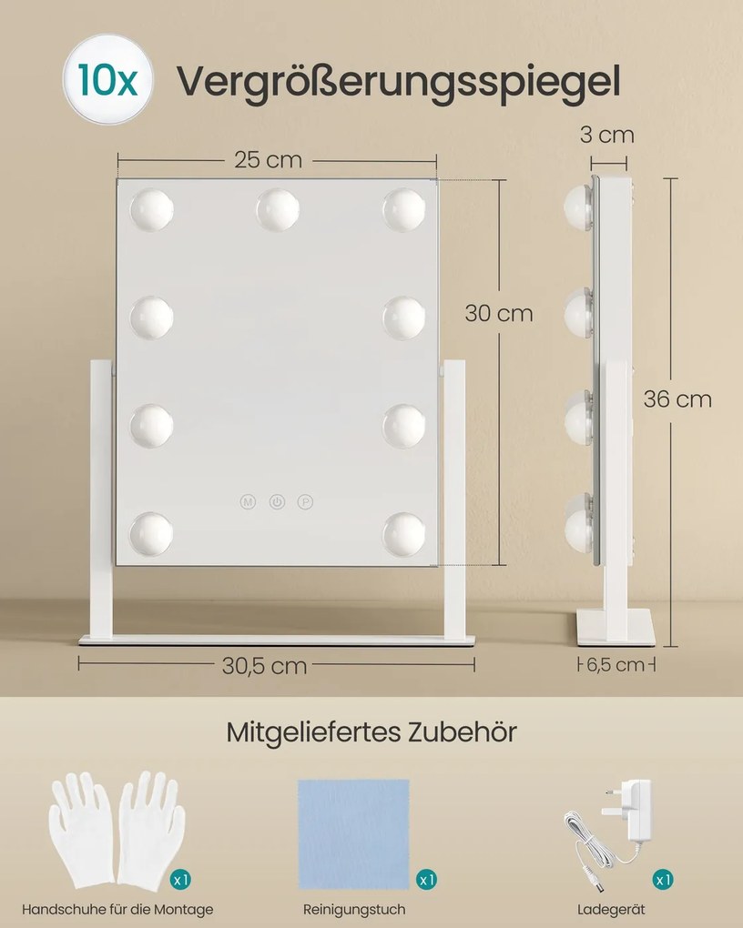Espelho de maquilhagem com iluminação e 9 lâmpadas LED 6,5 x 30,5 x 36 cm branco