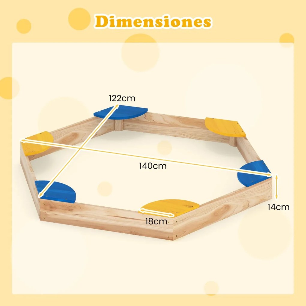 Caixa de areia hexagonal de madeira para crianças 140 x 122 x 14 cm combinada com vaso aberto e 6 assentos para pátio exterior para crianças com mais