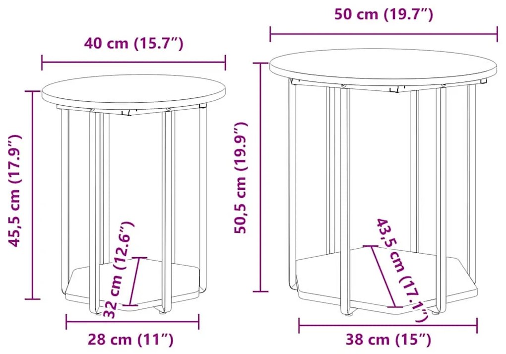 Conjunto de Mesas de Apoio 2 pcs Carvalho Fumado em Madeira e Metal