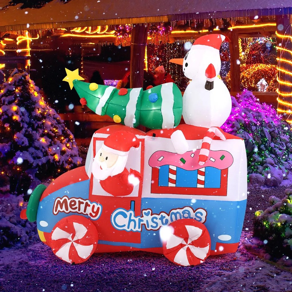 Pai Natal insuflável de 177 cm em carro de Natal Veículo festivo com boneco de neve, árvore de Natal e coroa de flores 5 luzes LED e Ventilador Multi