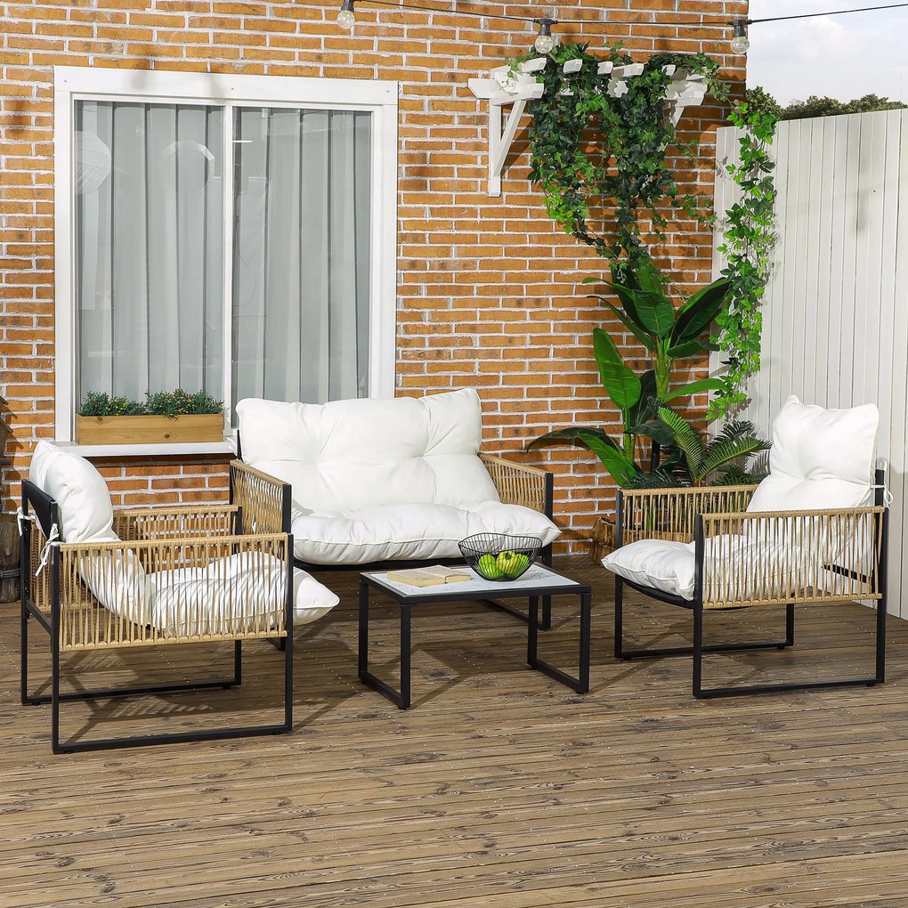 Conjunto de Jardim Exterior em Rattan Sintético com 2 Poltronas 1 Sofá de 2 Lugares 1 Mesa de Centro e Almofadas Creme