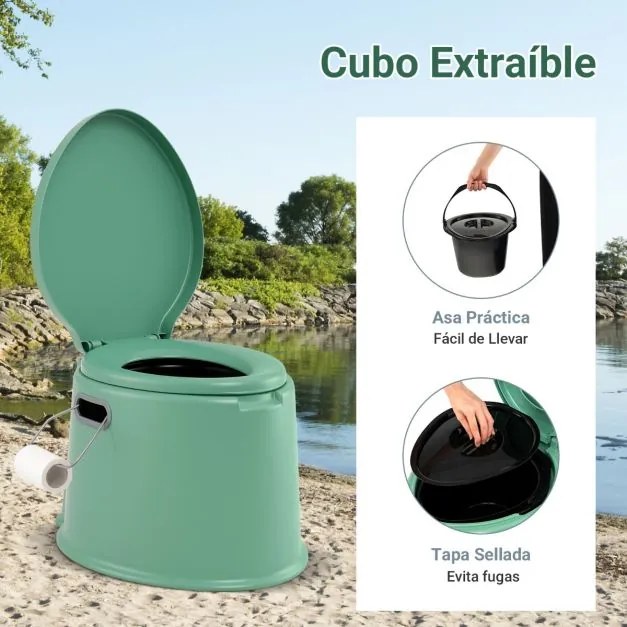 Sanita portátil 5 L para campimo 41 x 49 x 34 cm com tampa e cubo interno removível, WC portátil para viagens ao ar livre Verde