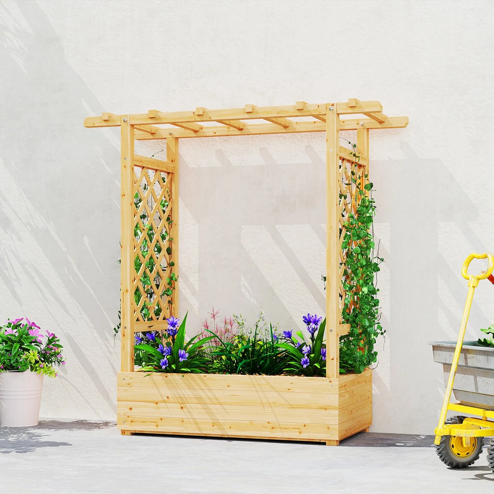 Floreira elevada com treliça lateral e superior, vaso com orifícios de drenagem, 110 x 44 x 113 cm, madeira natural