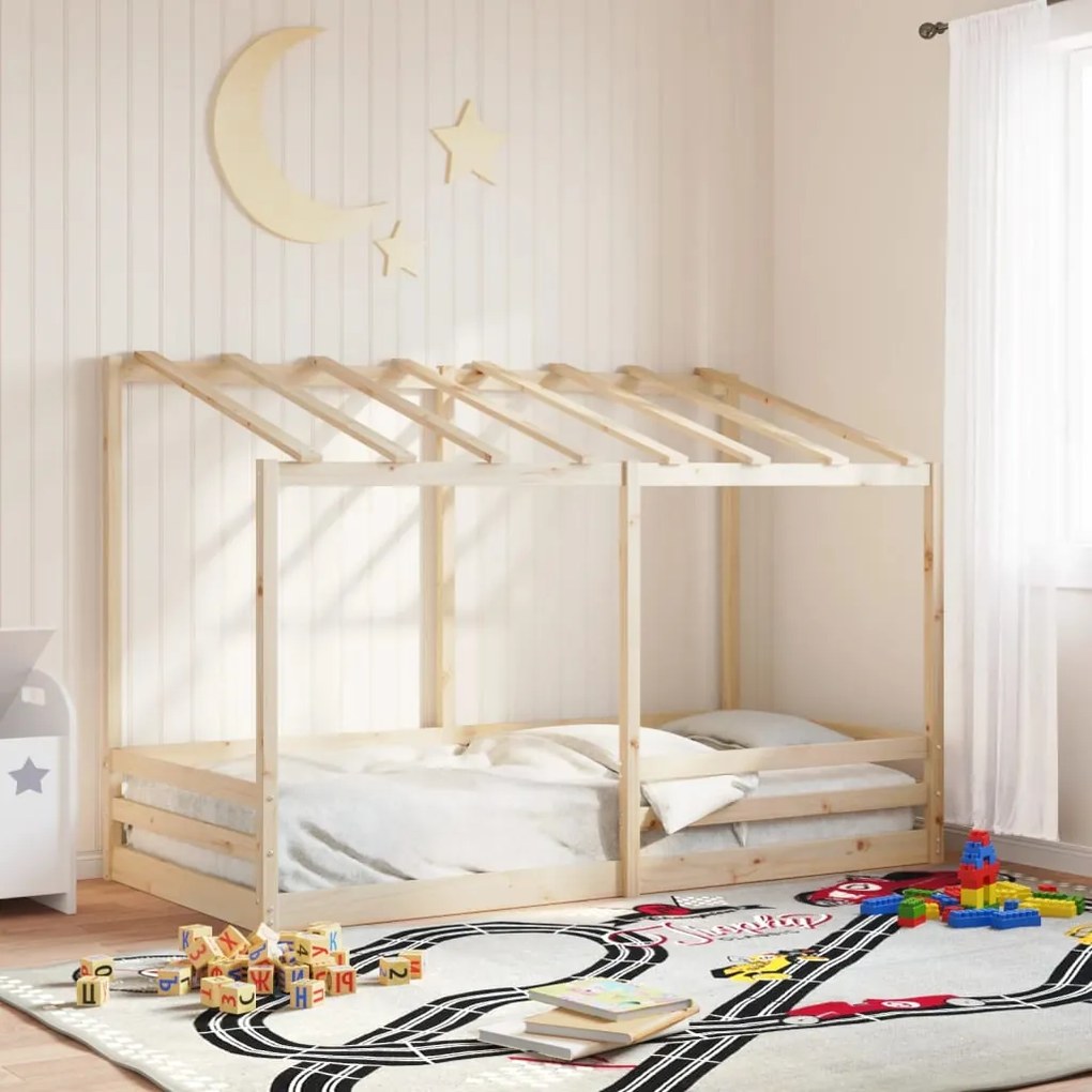 Cama infantil com telhado 80x200 cm madeira de pinho maciça