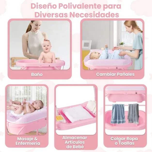 Troca-fraldas com banheira, portátil e dobrável, almofada em PVC, bandeja de armazenamento com 4 rodas universais Rosa
