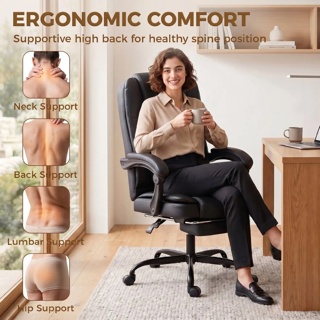 Cadeira de escritório ergonómica, cadeira de escritório reclinável em PU com apoio para os pés retrátil, altura ajustável, preta