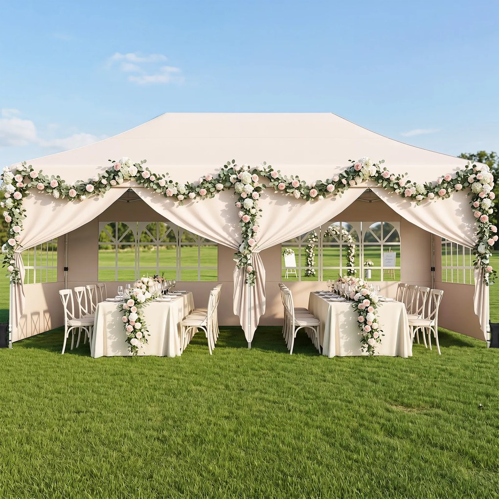 Tenda de Jardim Dobrável com 6 pesos, 600 x 300 x 310 cm, Paredes Laterais Removíveis, Bege