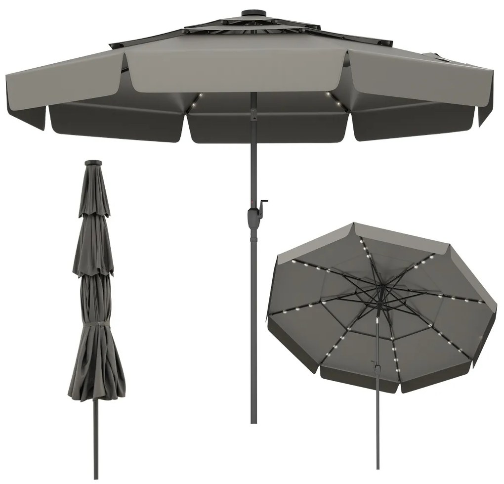 Guarda-sol solar de 300 cm com 32 luzes LED, parte superior ventilada com 3 níveis e ajuste de inclinação - cinzento