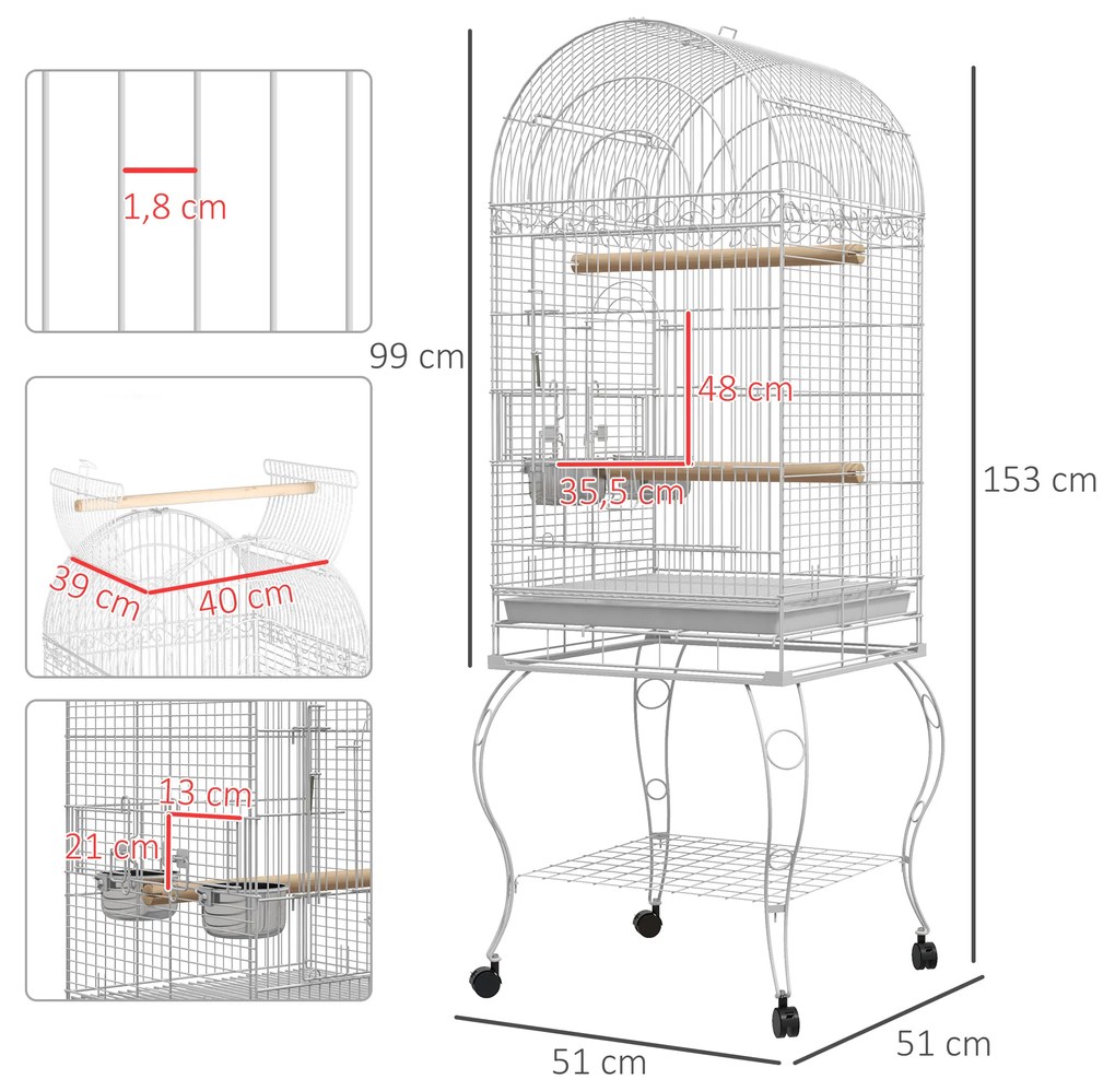 Gaiola para Pássaros com Rodas Bandeja Amovível Prateleira 2 Comedouros de Aço Inoxidável e Poleiro 51x51x153 cm Branco