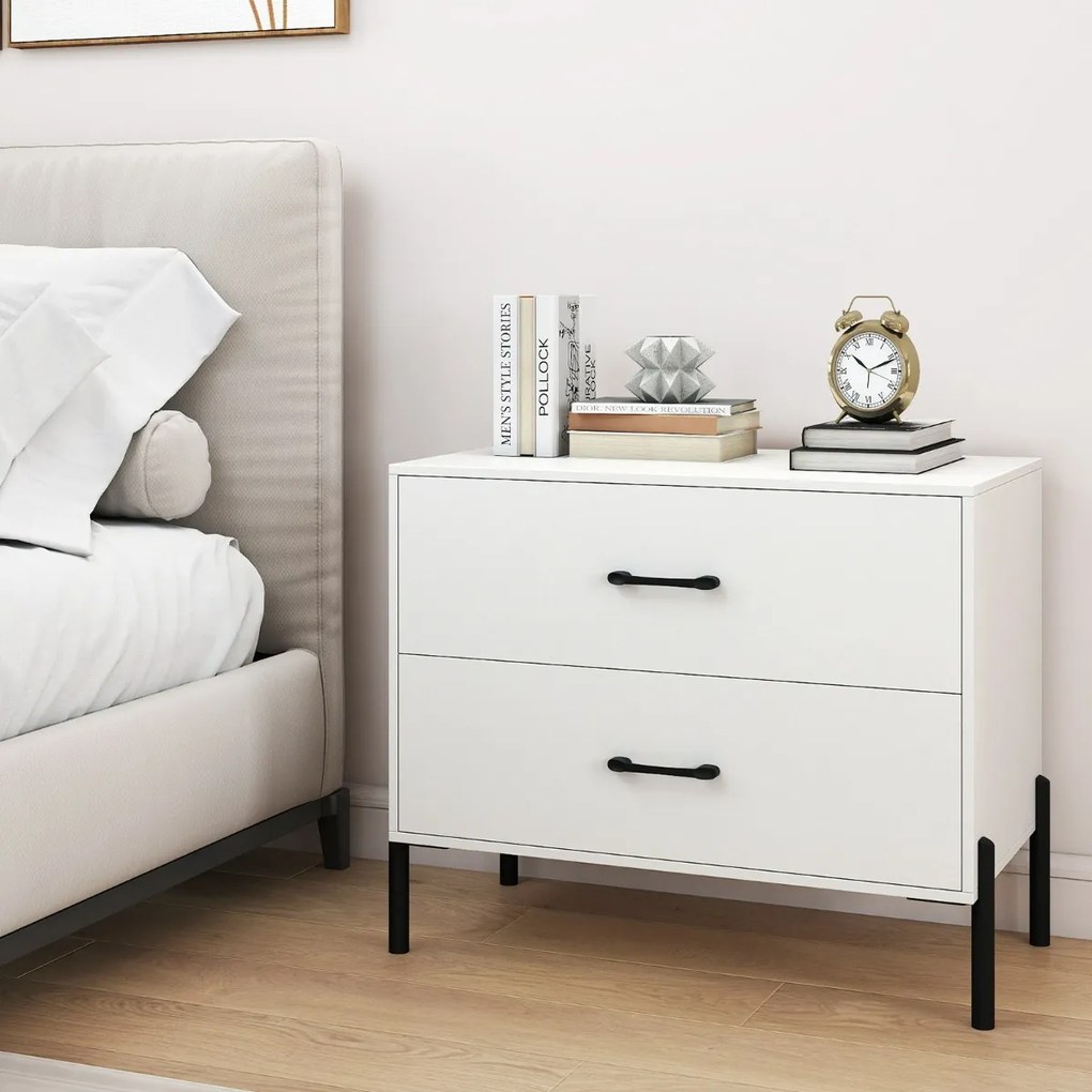 Mesa de cabeceira larga 71 x 40 x 61 cm moderna em madeira com pés e puxadores em metal com arrumação Branca