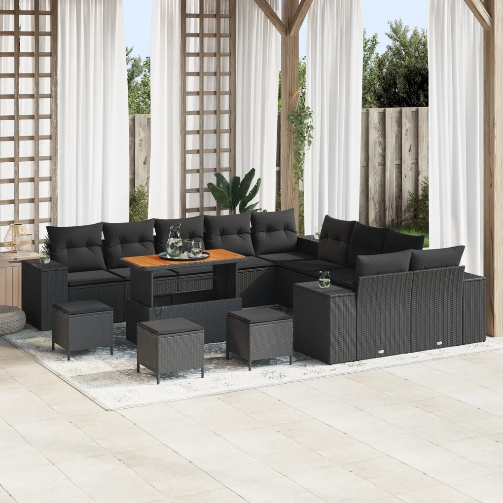 Conjunto de Sofá para o Jardim de 14 Peças com Almofadas Preto Rattan