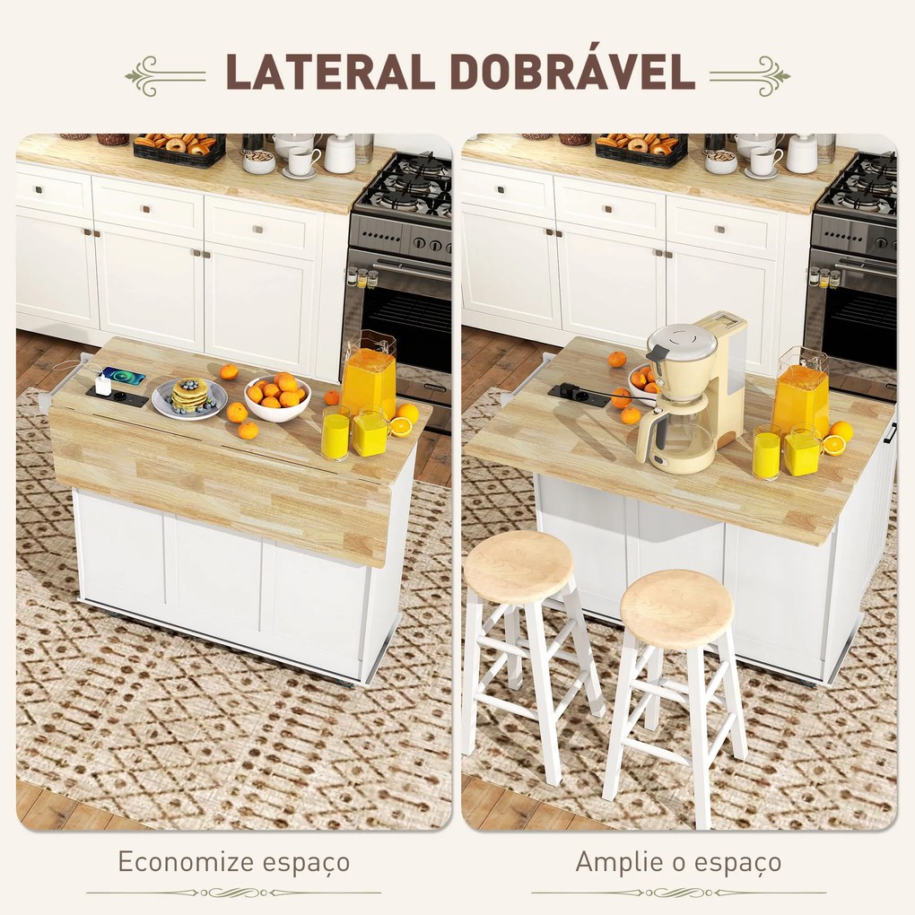 Carrinho de Cozinha, Ilha de Cozinha com Rodas com Tomada USB Bancada Rebatível 2 Gavetas 119,5x74x94,5 cm Branco