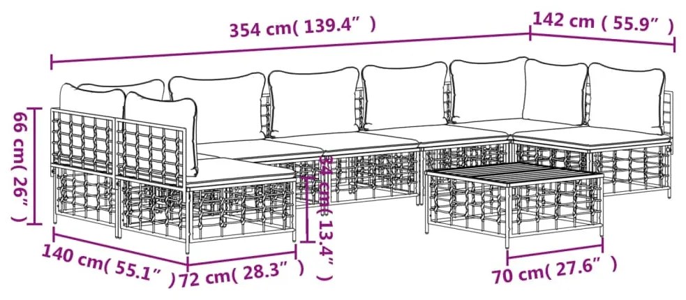 8 pcs conjunto lounge de jardim c/ almofadões vime PE antracite