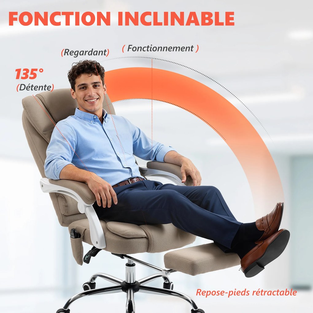 Cadeira de escritório executiva com função de massagem e aquecimento, altura ajustável, encosto reclinável, em tecido de linho bege