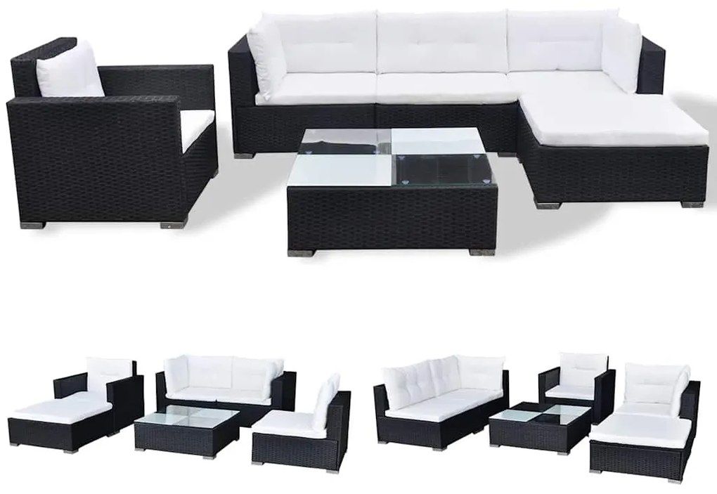 6 pcs conjunto lounge de jardim c/ almofadões vime PE preto