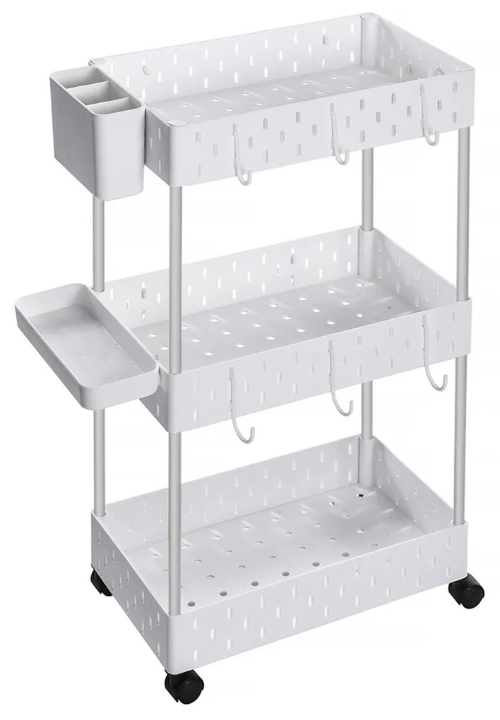 Carrinho de armazenamento de 3 camadas SONGMICS, carrinho de rodinhas com rodas, prateleira de banheiro com 6 ganchos removíveis, 1 bandeja, 1 recipiente, para cozinha, sala de estar, 38 x 22 x 72 cm, branco KSC011W01