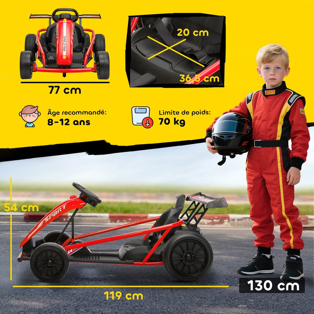 Kart elétrico para crianças, com 2 motores de 24 V, modo de derrapagem a 13 km/h, 119 x 77 x 54 cm, vermelho
