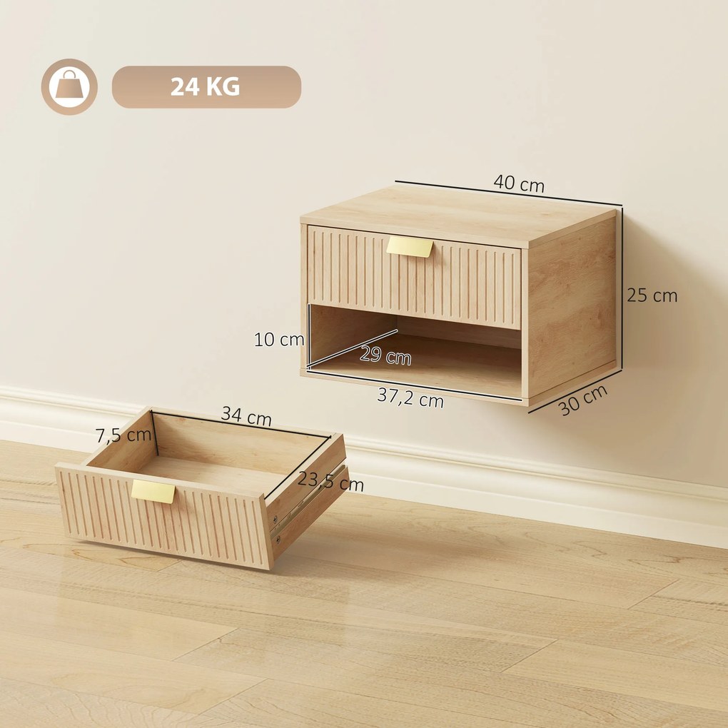 Conjunto de 2 Mesas de Cabeceira Suspensas com Gaveta e Prateleira Design Moderno 40x30x25 cm Cor Carvalho