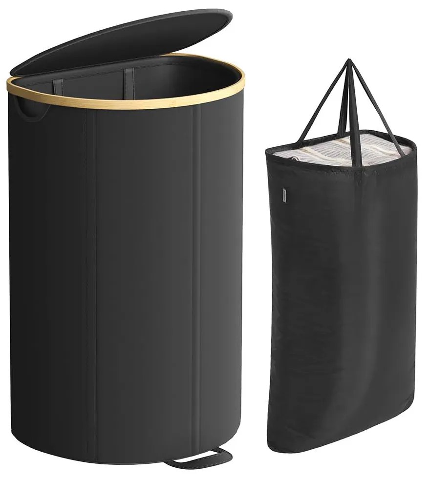 Cesto para roupa suja com tampa e saco removível 42,5 x 32,5 x 75 cm preto + bege natural