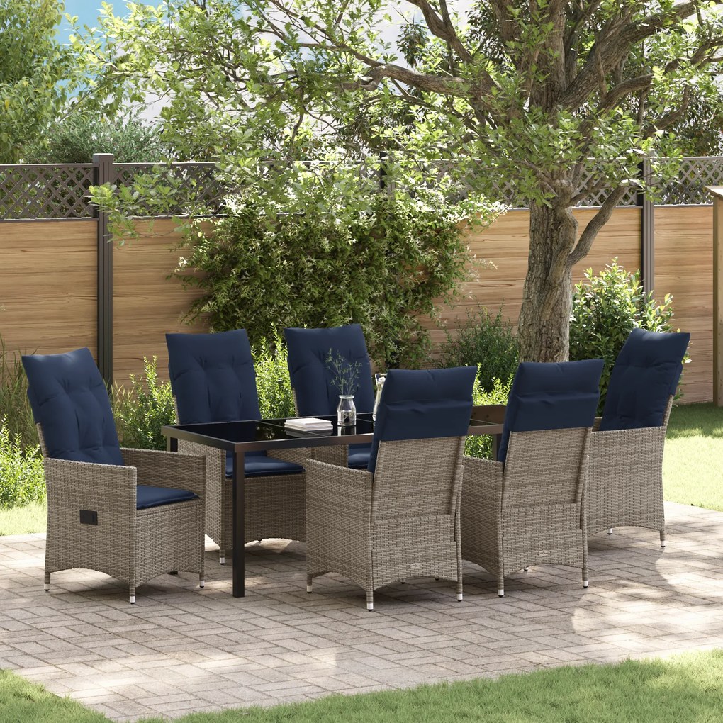 Conjunto de Jantar para Jardim vidaXL de 7 Peças com Almofadas de Rattan Poliéster Cinza