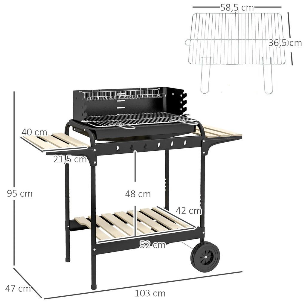 Barbecue a Carvão com Rodas Barbecue Portátil com Grelha Ajustável em
