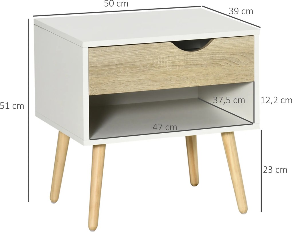 Mesa de Cabeceira, 50 x 39 x 51 cm, Design Escandinavo, Branco e cor Madeira Natural