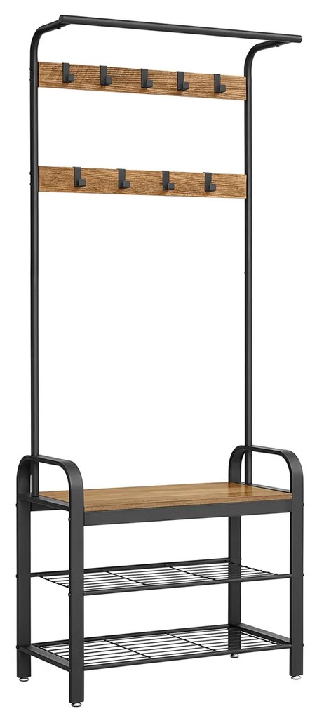 Cabide VASAGLE, cabide com banco para guardar sapatos, design 4 em 1, com 9 ganchos removíveis, varão para roupas, para corredor, entrada, 33,7 x 77 x 183 cm, industrial, nogueira rústica e preto HSR040B41