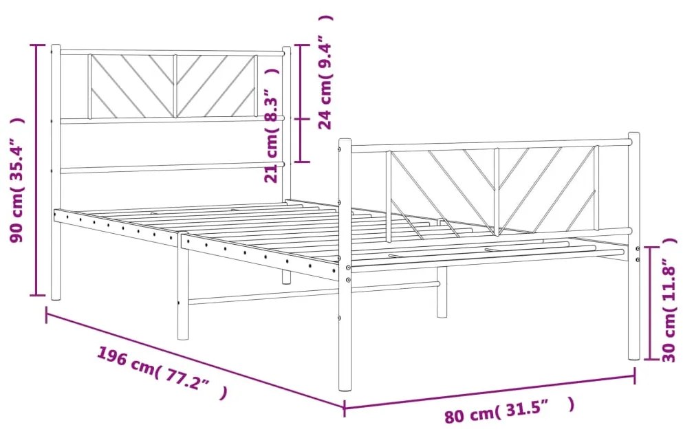 Estrutura de cama com cabeceira e pés 75x190 cm metal branco