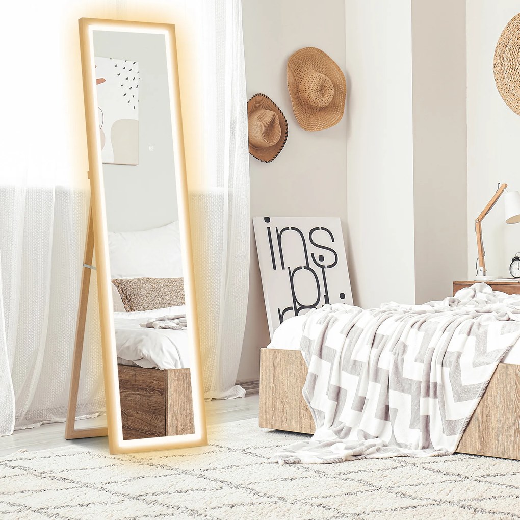 Espelho de Pé com Luz LED 40x160 cm Espelho de Corpo Inteiro com Iluminação de 3 Cores Tátil Função de Memória Madeira
