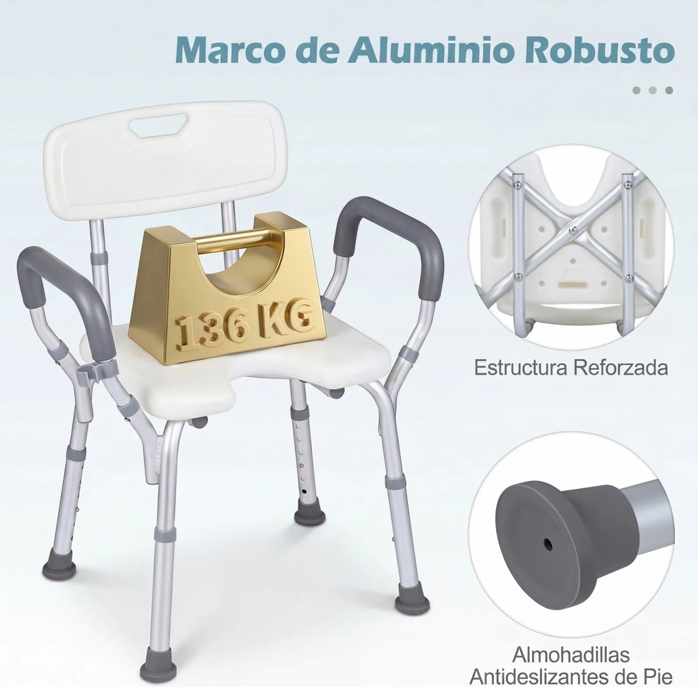 Cadeira de duche para idosos com altura ajustável em 6 níveis, assento antiderrapante, encosto curvo, braços almofadados e estrutura em alumínio branc