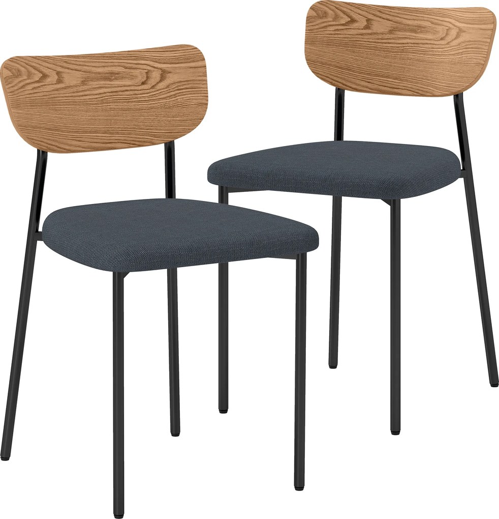 Conjunto de 2 cadeiras de sala de jantar com pés em aço, encosto curvo e assento almofadado, cinzento e com efeito de madeira natural
