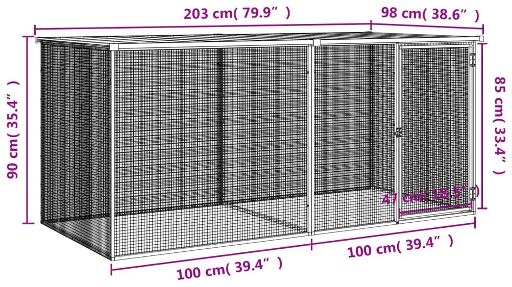 Galinheiro com teto 203x98x90 cm aço galvanizado cinza-claro