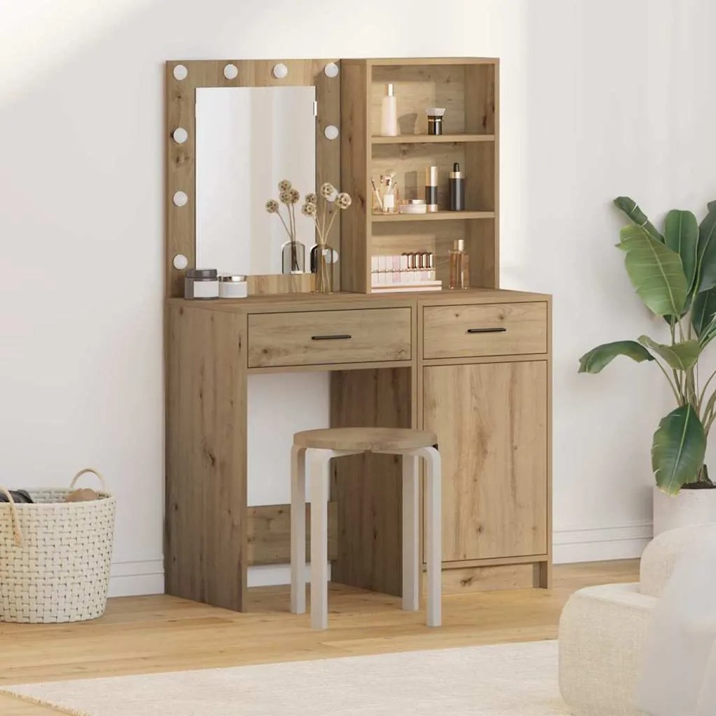 Conjunto de Mesa de Maquilhagem de 2 Peças com LED em Madeira de Carvalho Artisan
