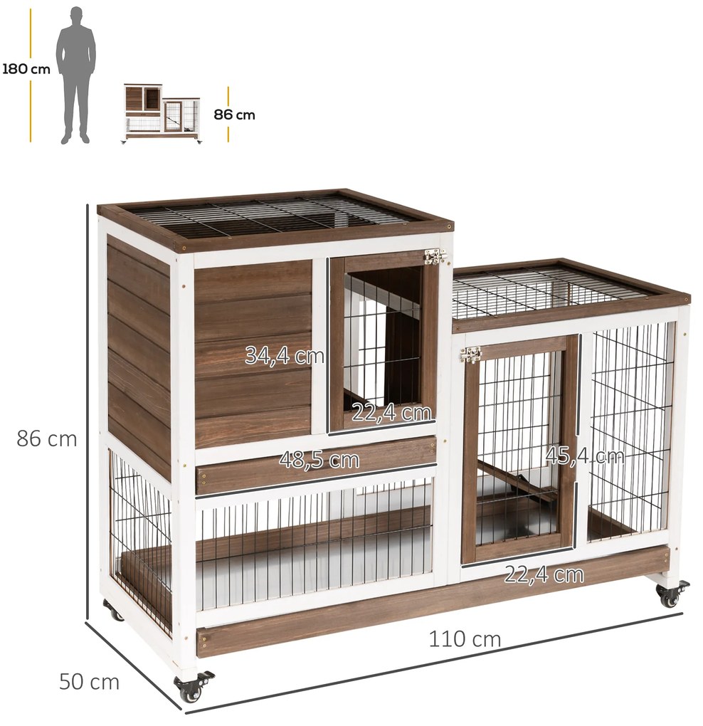 Coelheira de Madeira Interior com Rodas Gaiola para Coelhos Animais Pequenos de 2 Pisos com Área Aberta Rampa e 2 Bandejas Removíveis 110x50x86cm Marr