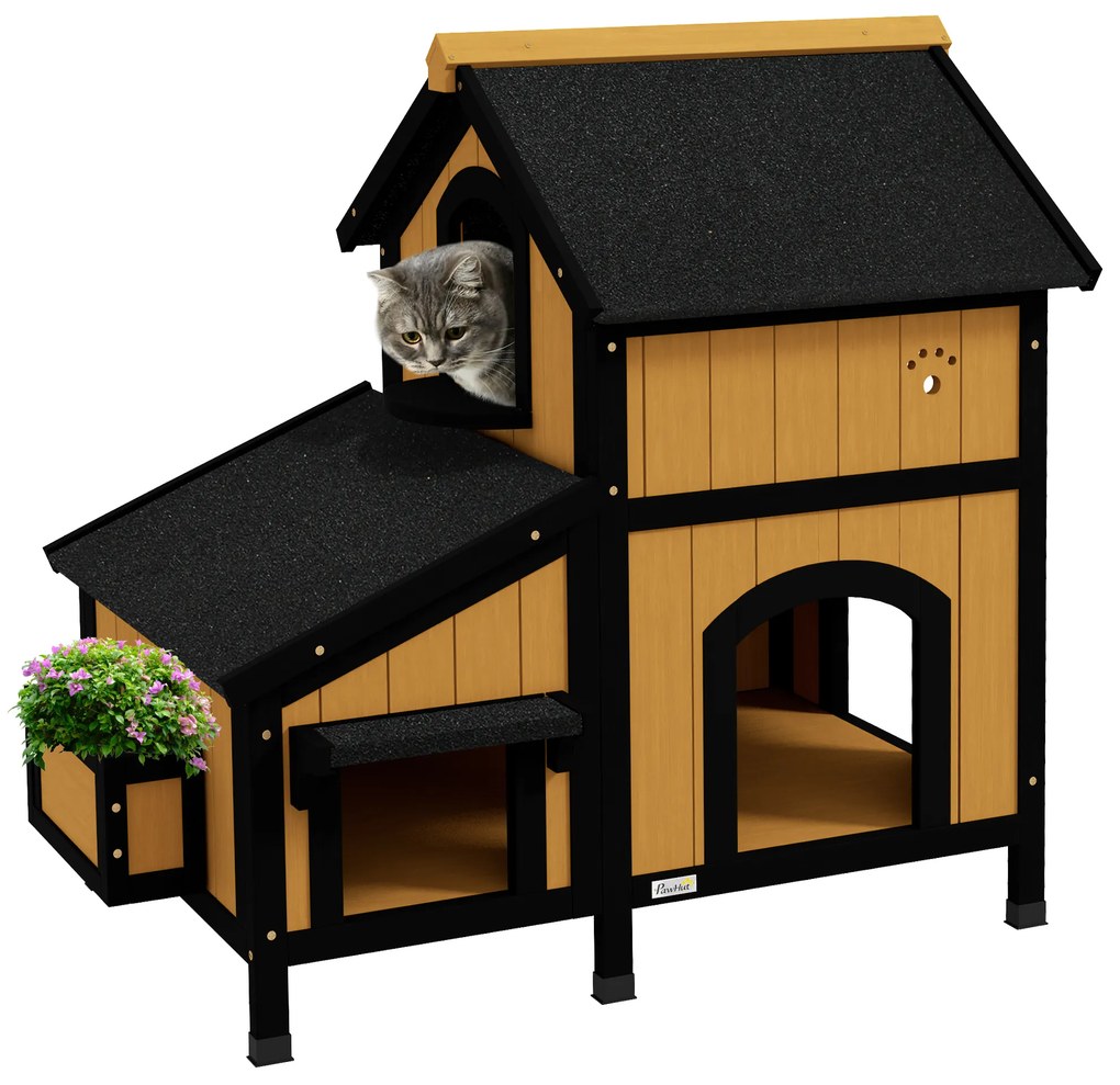 PawHut Casa para Gatos de Madeira com Suporte para Flores de 2 Níveis e Teto Asfáltico 96x65x85,5 cm Madeira e Preto | Aosom Portugal