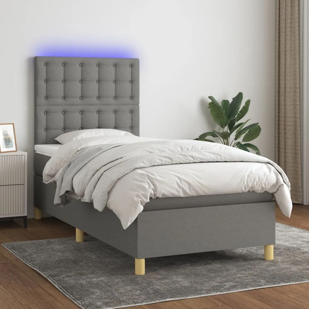 Cama box spring c/ colchão e LED 90x190 cm tecido cinza-escuro