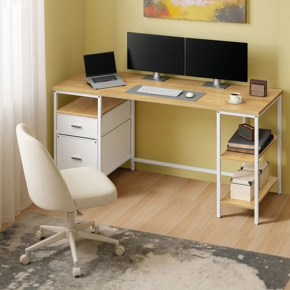 Secretária 160 x 60 x 76 cm com 3 prateleiras e 2 gavetas tecido em tom de carvalho natural e branco