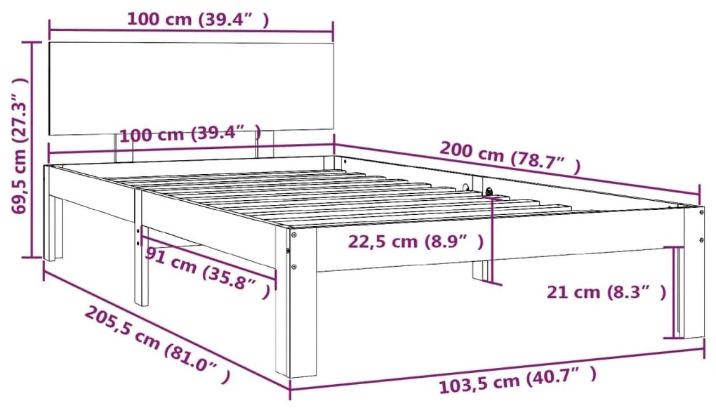 Estrutura de cama 100x200 cm pinho maciço