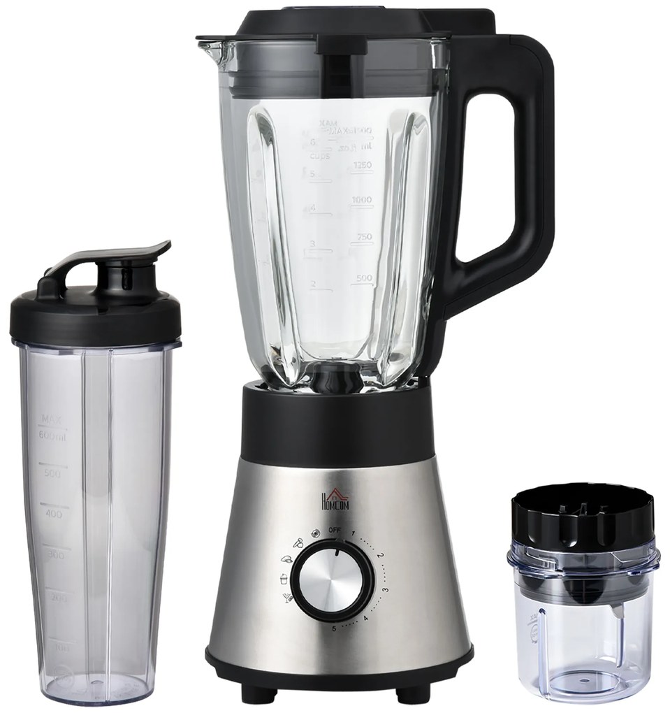HOMCOM Liquidificadora de 1000W Jarro de Cristal de 1,5L com 4 Programas 5 Velocidades Ajustáveis Lâmina de 6 Folhas Aço Inoxidável e Garrafa Portátil 22,4x19x43cm Preto