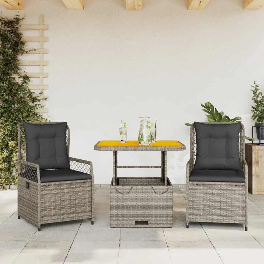 3 pcs conjunto de jantar p/ jardim c/ almofadões vime PE cinza