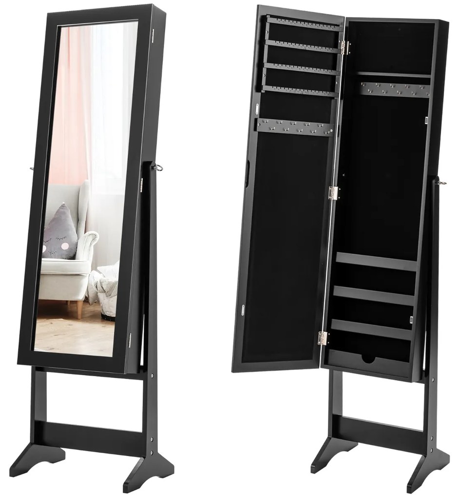 Armário Joias com Espelho de Corpo Inteiro e 3 Ângulos Reguláveis 2 em 1 35 x 30 x 144 cm Preto
