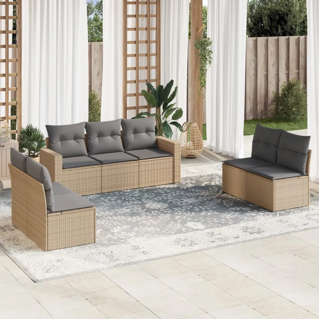 vidaXL 7 pcs conjunto de sofás p/ jardim com almofadões vime PE bege