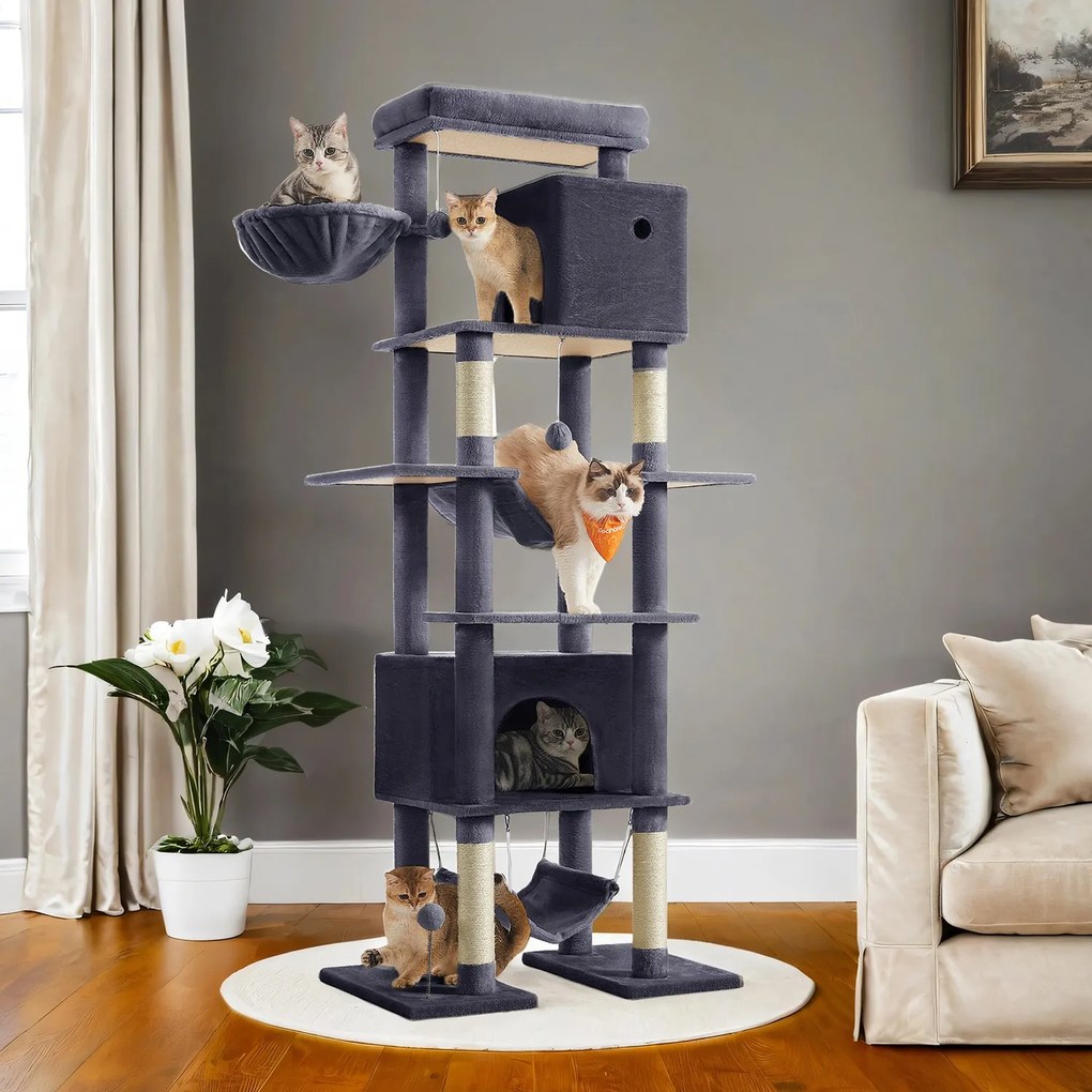 Arranhador para gatos grande 78 x 48 x 201 cm, com plataforma cinzento escuro